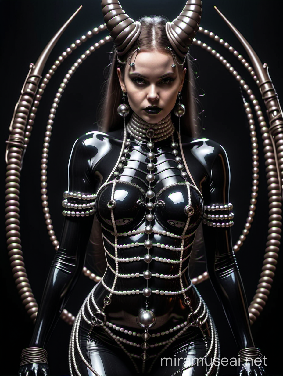 Hr Giger style bondage devil girl with beads on body