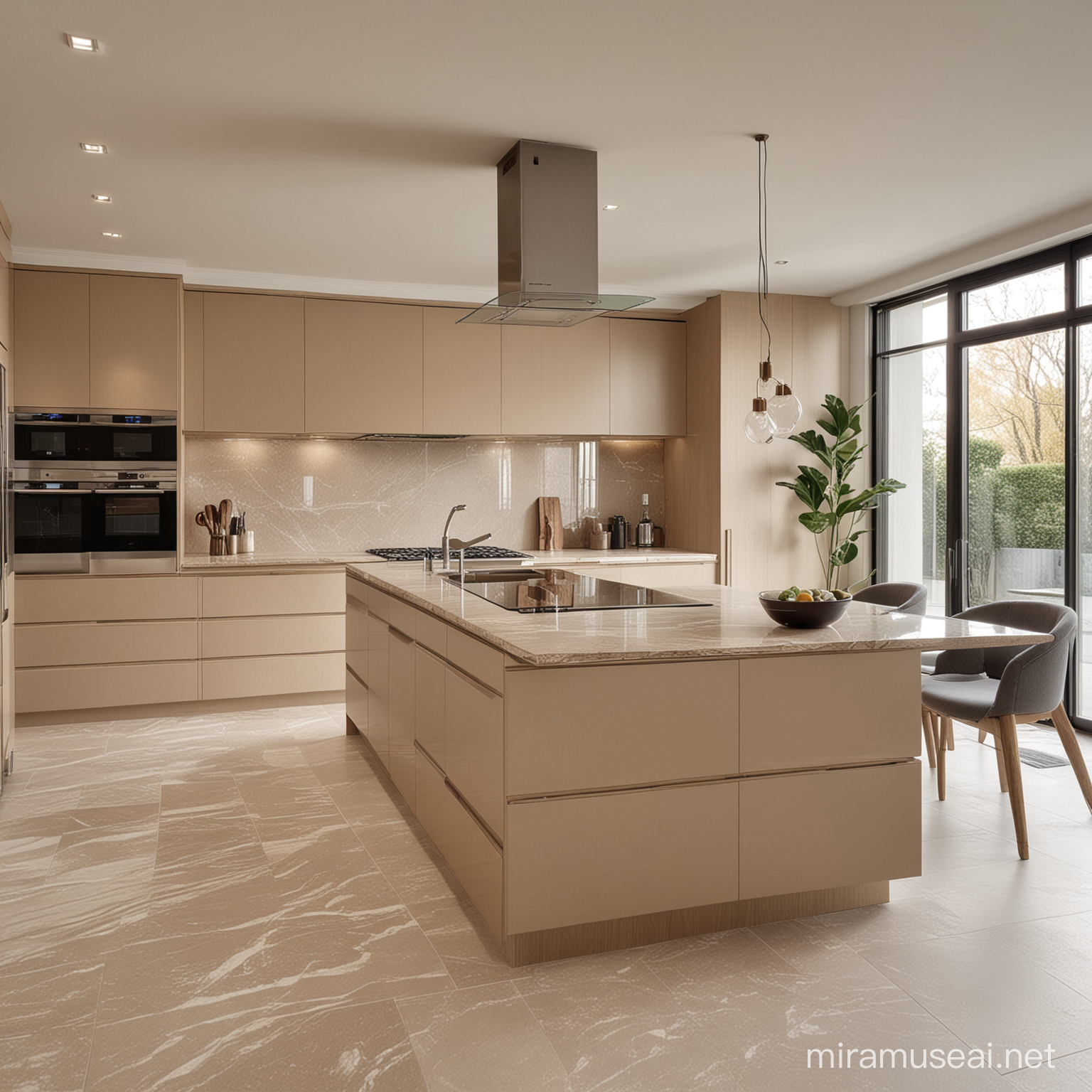 modern kitchen, oak, cashmere color, beige marble, smoked glass