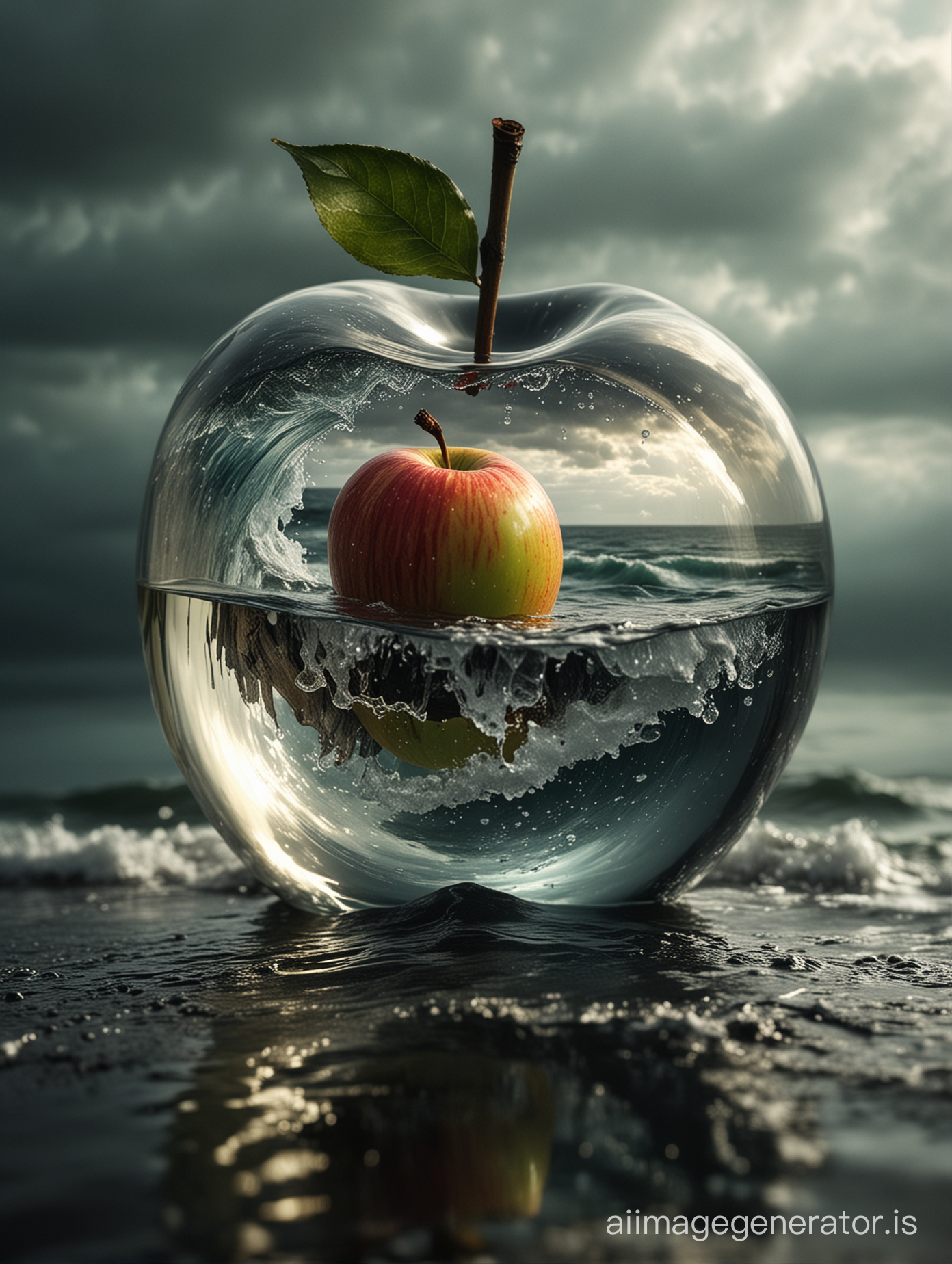 lovely double exposure image by blending together a stormy sea and a glass apple. The sea should serve as the underlying backdrop, with its details subtly incorporated into the glossy glass apple, sharp focus, double exposure, glossy glass apple, (translucent glass figure of an apple) (sea inside) lifeless, dead, glass apple, earthy colors, decadence, intricate design, hyper realistic, high definition, extremely detailed, dark softbox image, raytracing, cinematic, HDR, photorealistic (double exposure:1.1