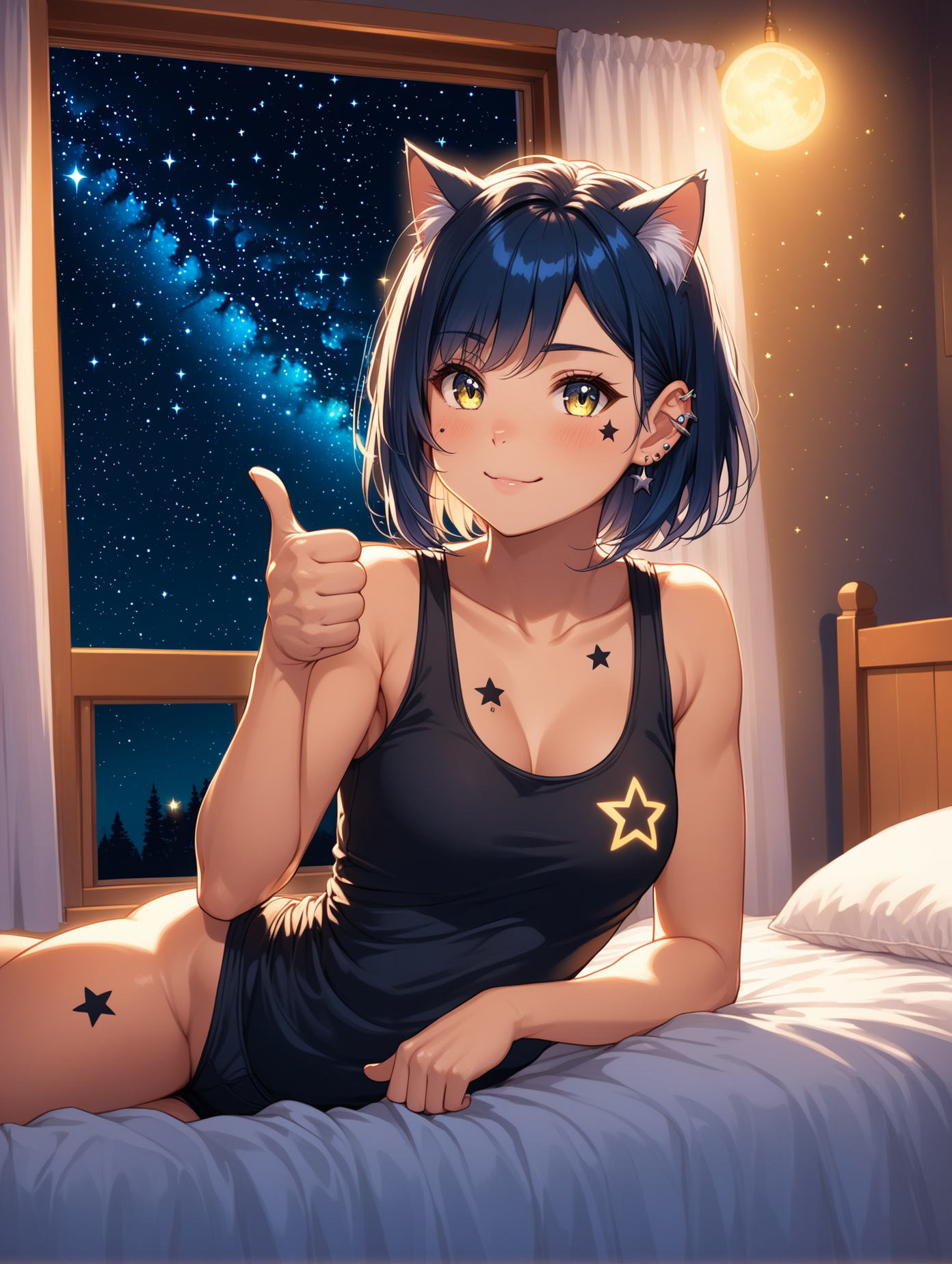 sexy fit 24 year old cat girl, reclining on bed in bedroom, giving thumbs up, short chin length hair, tank top, toned body, star tattoos, piercings, stars in the night sky through window in background, enchanted