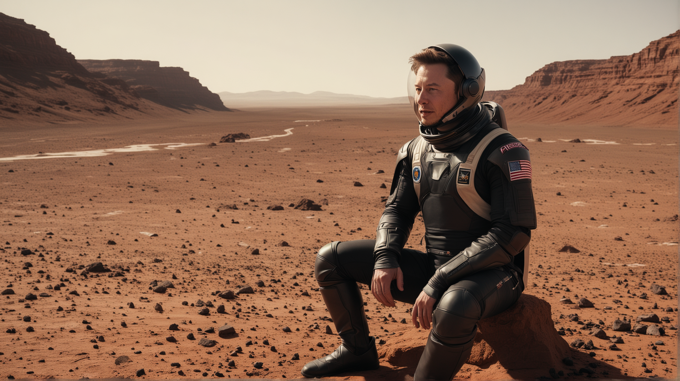 wide shot of elon musk sitting on mars alone wearing a black business suit and an astronaut helmet looking in the eye of the camera 
