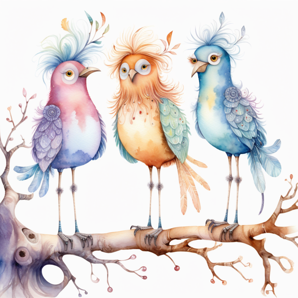 Fantasy Watercolor Illustration of Three Quirky Birds on Branch