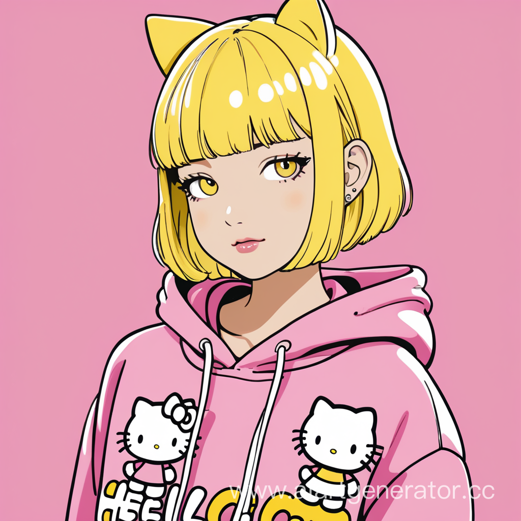 Girl with short yellow hair and in the pink hoodies with hello kitty print