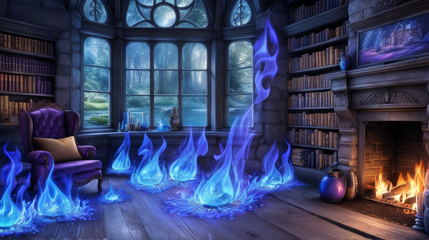 Magical Blue Flame Fireplace by a Fairytale River with Potions and Books