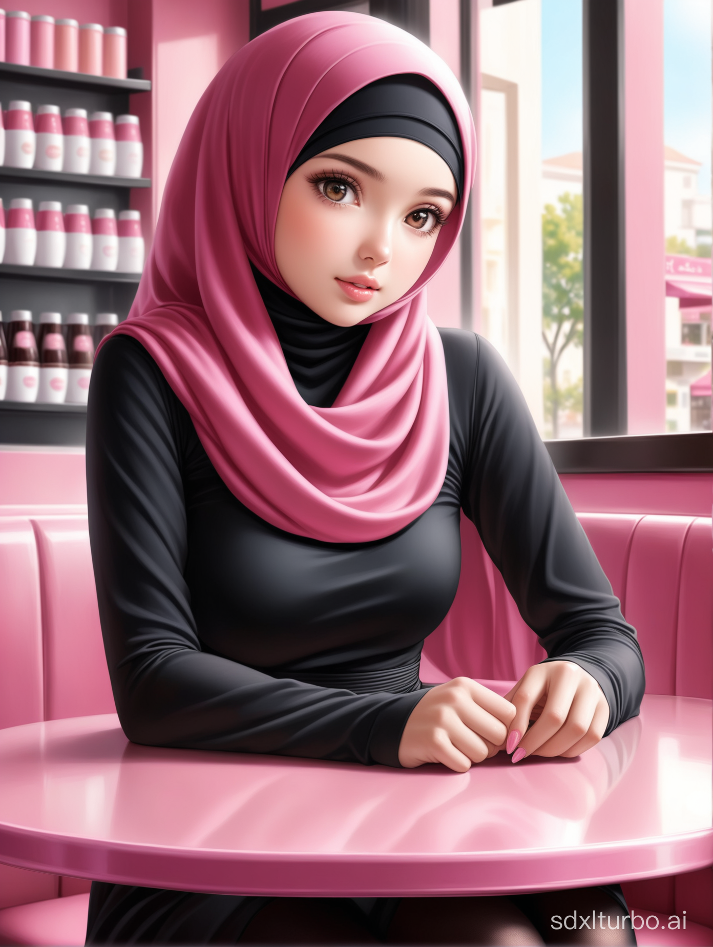 cute girl with pink hijab, wearing black muslim  dress and black tights, sitting in a pink cafe, elegant, photorealistic,high quality, high details, lovely, adorable