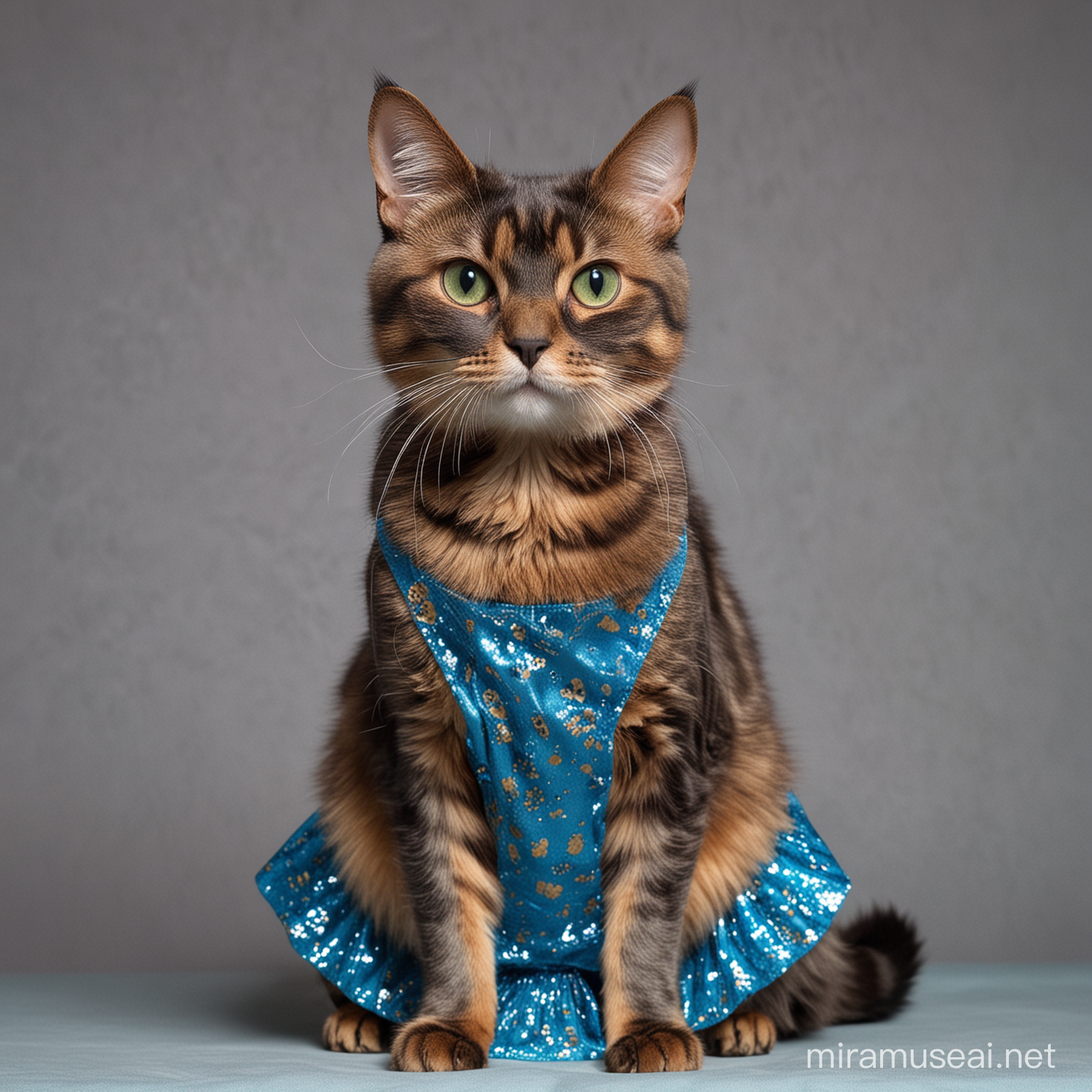 Tortoiseshell cat standing like a human. it has green eyes with big pupils. it is wearing a blue shiny dress