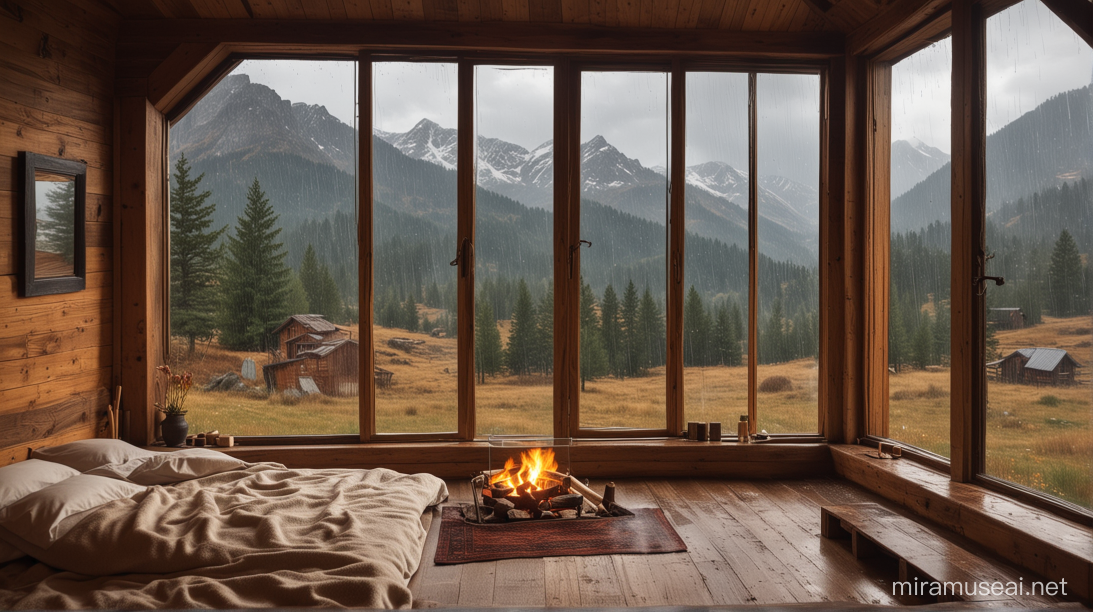 Cozy Wooden Room with Mountain Valley View Rainy Evening by the Fireplace