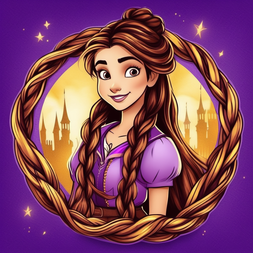 logo. long braid of brown hair. brown eyes. background of  purple and yellow. magical and whimsical. adventure. travel. Disney.