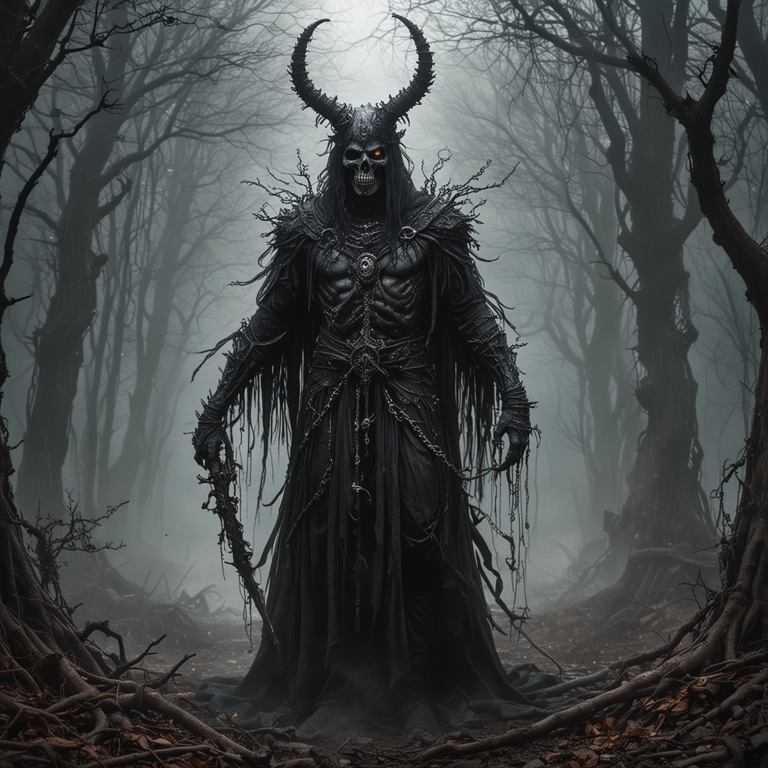 Necrothorn stands tall and imposing, his skeletal frame draped in tattered, dark robes that billow ominously around him. His gaunt visage is dominated by glowing, malevolent eyes that pierce through the darkness, casting an eerie greenish light. Strands of wispy, spectral energy emanate from his bony fingers, crackling with arcane power.

His skull, adorned with ancient runes and symbols of necromantic mastery, radiates an aura of dread and decay. Jagged horns protrude from the sides of his skull, adding to his sinister appearance. Wisps of dark mist coil around him, hinting at the necrotic energies that course through his undead form.

Around his neck hangs an amulet, pulsating with dark energy and serving as a focal point for his sinister spells. Chains of shadowy essence wrap around his body, binding the remnants of his mortal existence to the dark forces that sustain him.

With every step, the ground seems to wither and decay beneath his feet, marking his presence with a trail of death and desolation. Necrothorn exudes an aura of ancient malevolence, a harbinger of doom and despair to all who dare to oppose him in combat.
