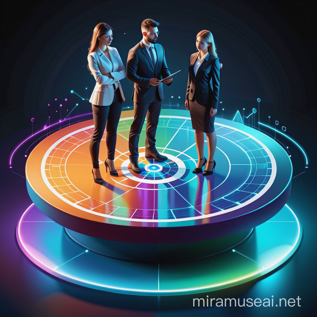 3d pie chart with an engineer man and a business woman standing on top of it, with holographic designs floating around them. Isomorphic icon style. 
