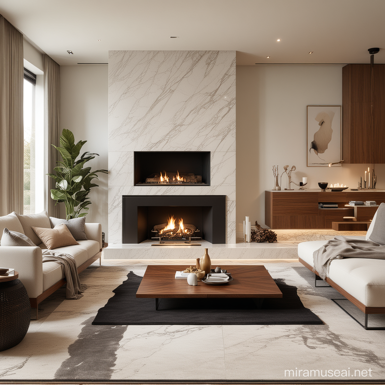 modern, walnut, white marble, black and beige, soft carpet, warm light, fireplace living room