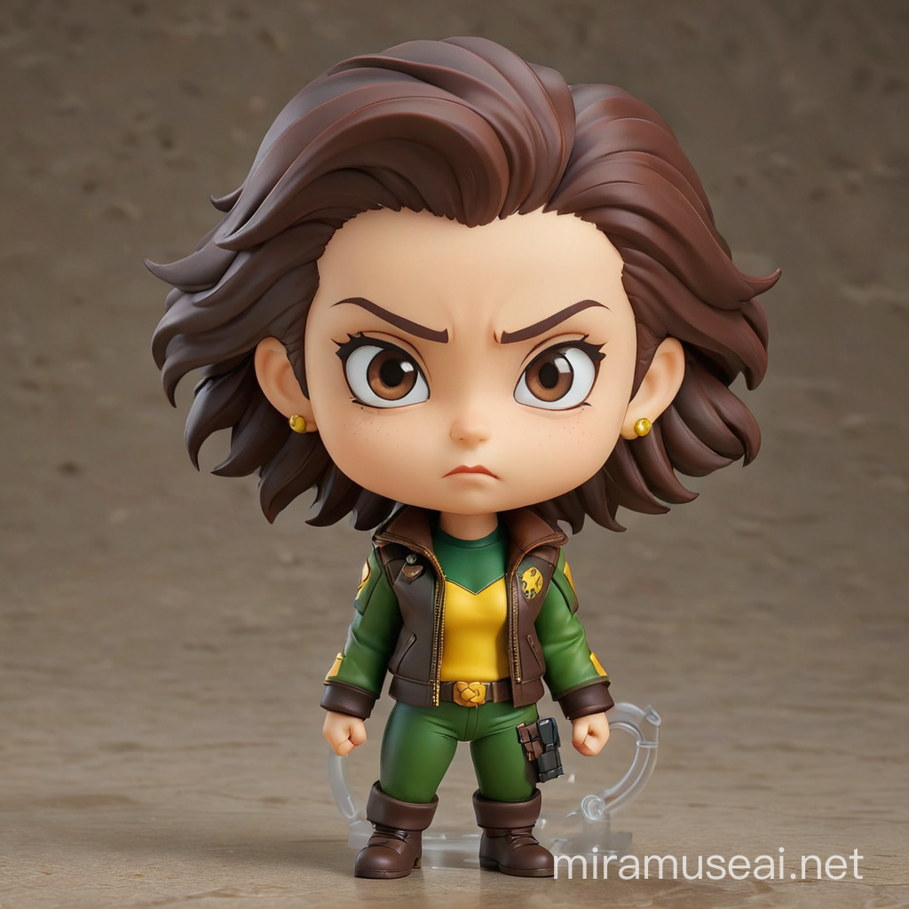 "Design a Nendoroid Chibi version of X-Men's Vampire in her green and yellow costume with a brown leather jacket and classic 90s hairstyle."