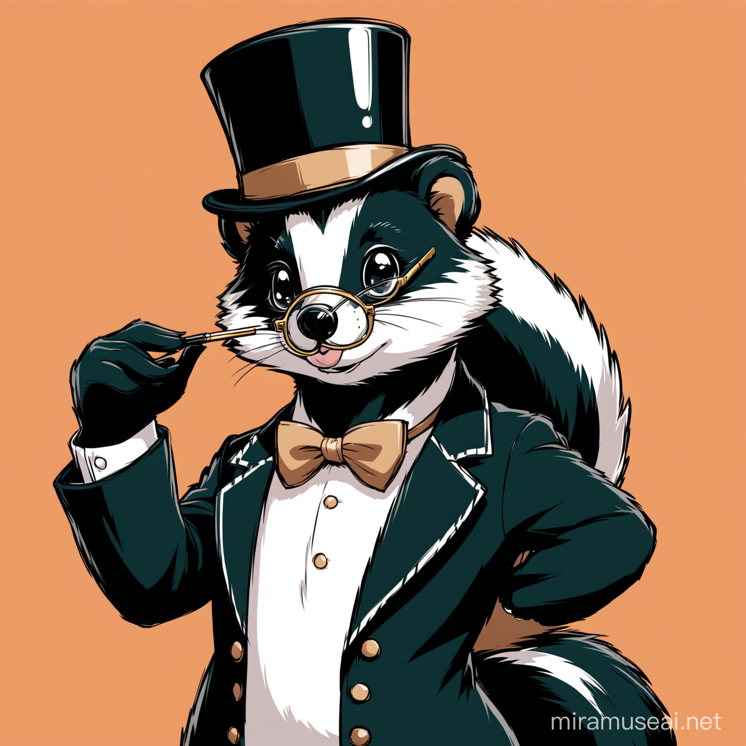 Cartoon skunk wearing a top hat, monocle on one eye