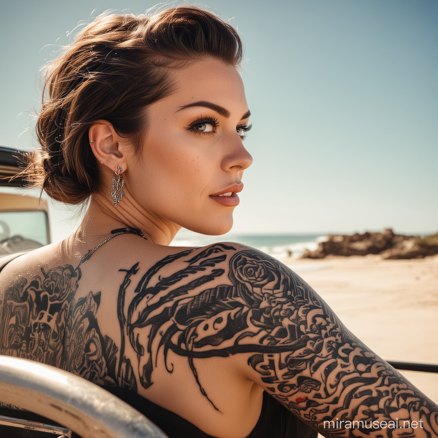 close up of a woman with a tattoo driving a vintage hot rod car on a beach