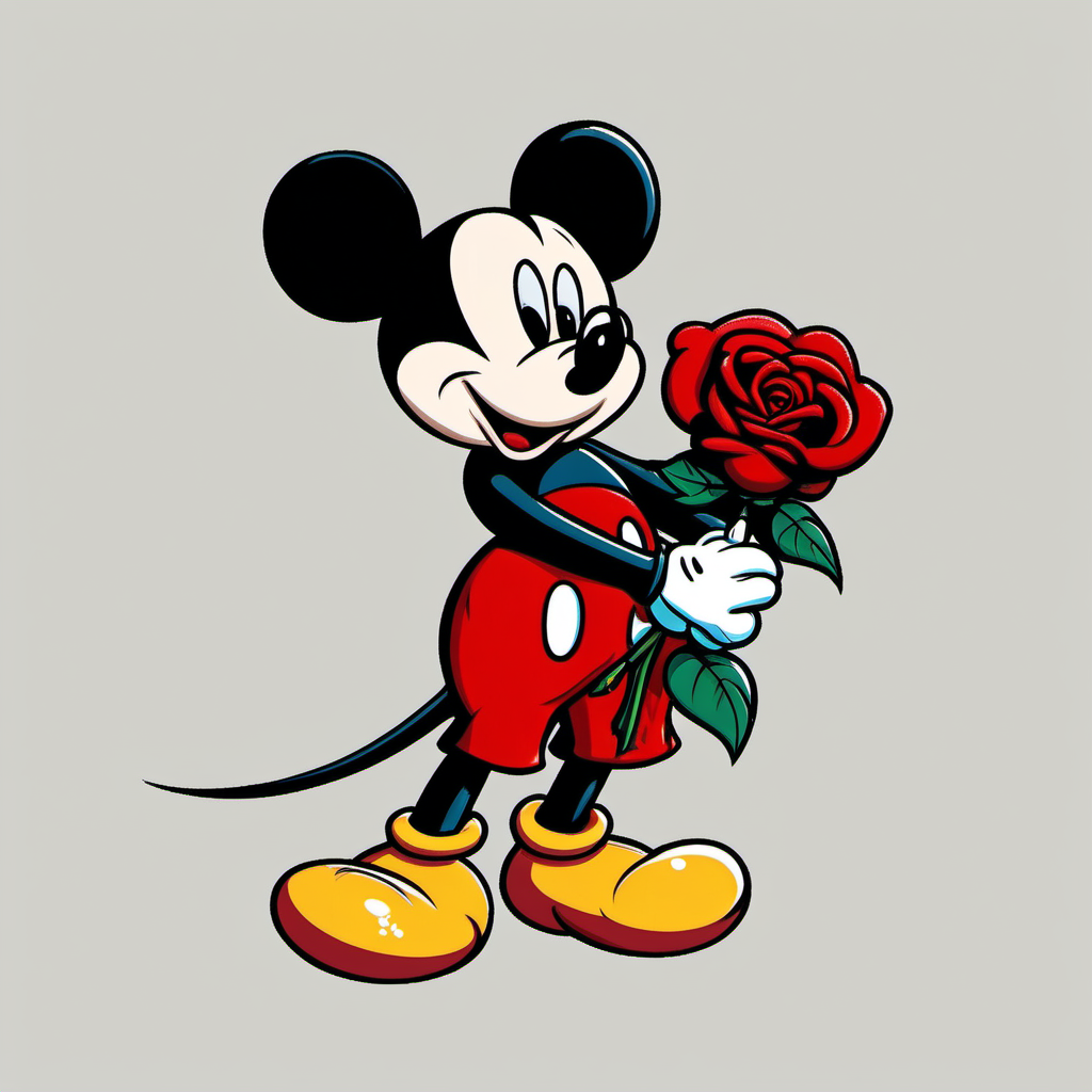 Micky mouse holding red rose
