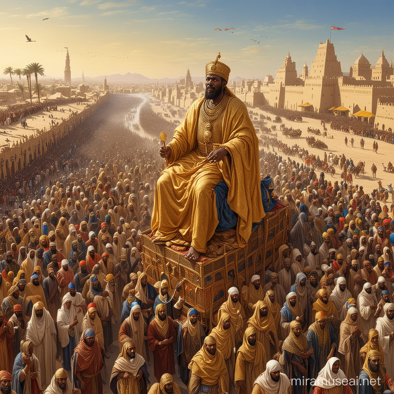 Mansa Musa traveling to Cairo with a huge caravan/procession. Show him on horseback or being carried, fabulously dressed, throwing handfuls of gold coins to poor people lining the streets, causing economic chaos.