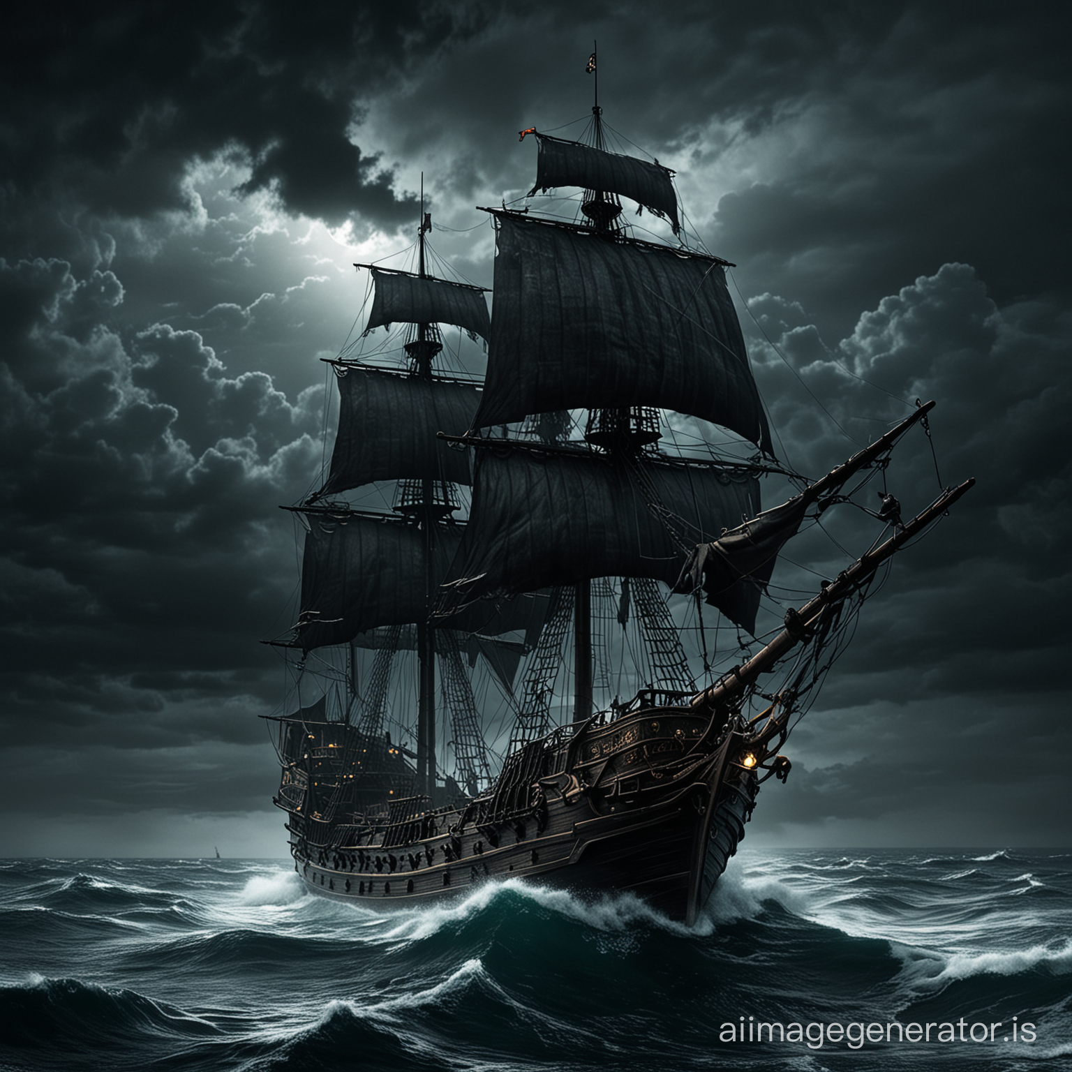 A dark pirate ship sailing on a stormy dark sea, in the dead of night
