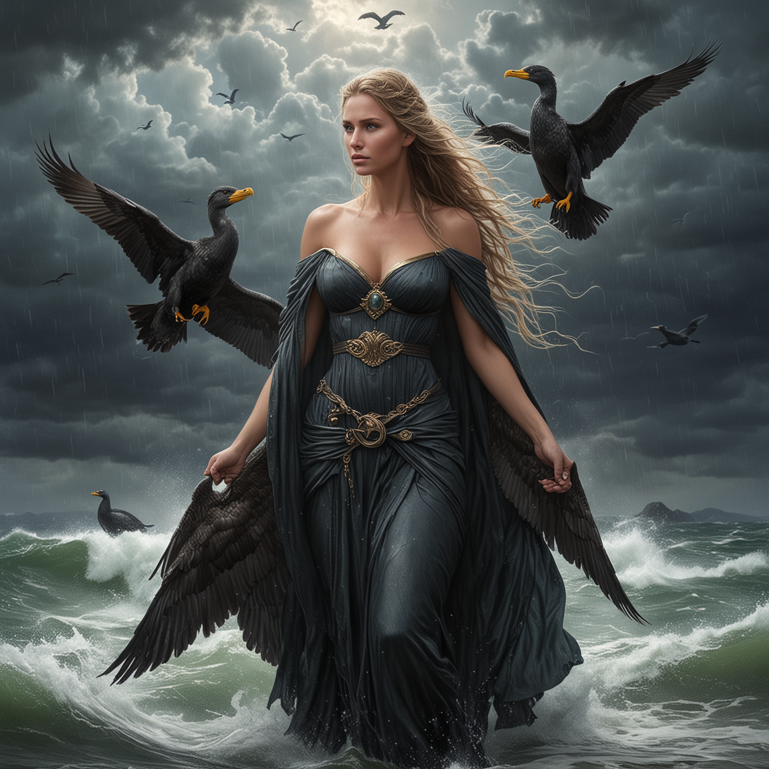 Mischievous Storm Goddess with Three Sons and Cormorant Companions
