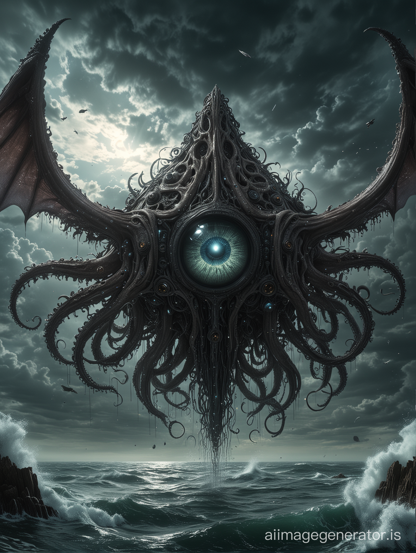 Craft a high-resolution 8k, photorealistic image that merges the omnipresent eye wings structure, symbolizing universal surveillance, with the eldritch horror style of H.P. Lovecraft. This non-anthropomorphic entity exhibits wings made of countless eyes, unfolding amidst swirling cosmic clouds, contrasted against the floating central sphere of an eye monster, emitting an eerie, spectral light. The tentacles extend into the darkness, adorned with arcane symbols, suggesting a universe of inscrutable, haunting watchfulness. Rendered in 22 Megapixels with HDR, the composition embodies a detailed, shimmering perspective of a dark, mysterious cosmic action scene, shot on IMAX 70mm for utmost clarity and perfection.photorealistic, Depth of Field | Action Scene | Natural Lighting | Subject | Centered-shot | 22 Megapixels | Shot on IMAX 70mm | Detailed |Elegant | Perfection | Shimmering | Prespective, HDR, 8k, high resolution, gear-like mechanism floating in a stormy sky, spikes adorning

