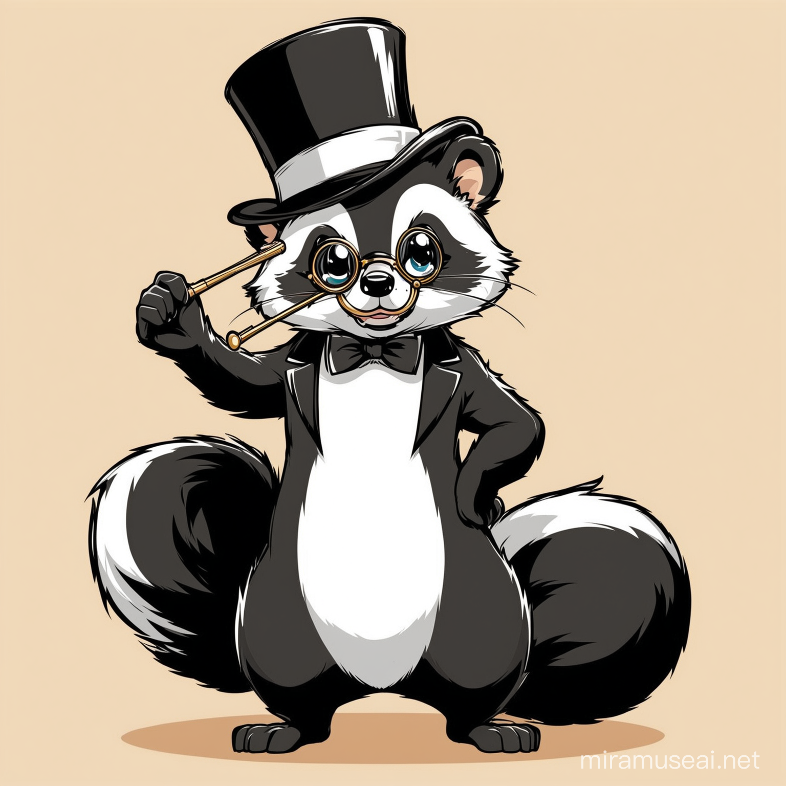 Cartoon skunk with a top hat, wearing a monocle