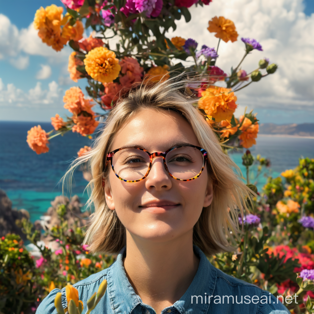 a girl looking the camera and at background a fantastic sea, wonderful sky, amazing clouds,  colourfull flowers and as far away from the girl make pixels