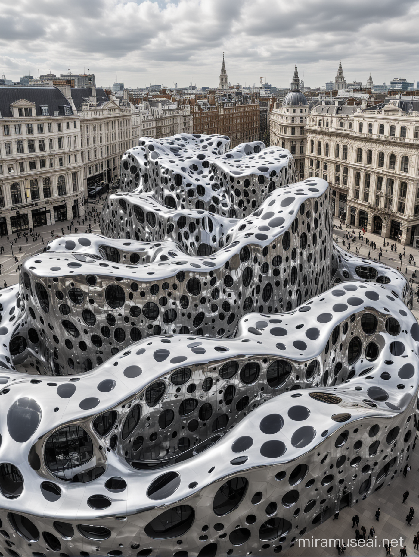 architectures ,FRONTAL view, MUSEUM, style zaha hadid Frank Gehry STYLE yayoi kusama architectures with black LIQUID silver, at the square of london, drone view, 32k cinematic light reliastic photo