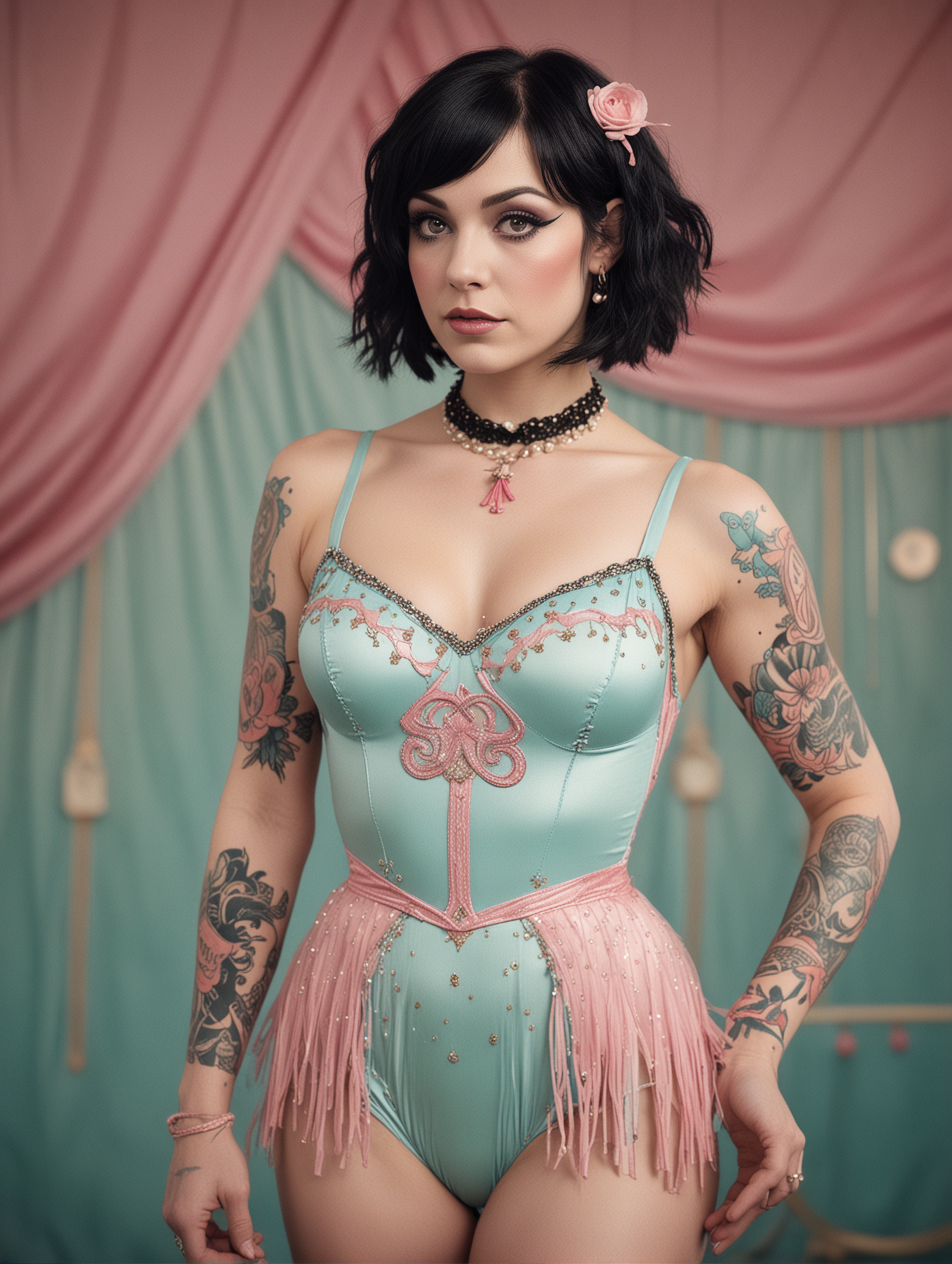 circus, in the style of whimsical yet eerie symbolism, American 1920's circus, light cyan and pink palette, close up portraiture, well built busty female acrobat with black hair, wearing a leotard and tutu, covered in tatoos, nature-inspired pieces, circus costumes, ultra details