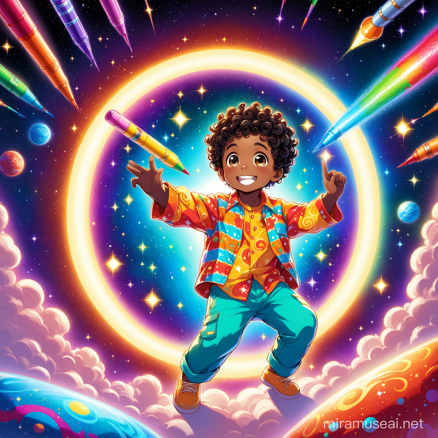 The little black boy has big, bright eyes full of curiosity and wonder. His curly hair forms a halo around his head, each curl bouncing with energy and life. He has a wide, infectious smile that lights up his face. He wears a colorful shirt with bold patterns, and his pants are patched with different fabrics, showing his adventurous spirit. In one hand, he holds a crayon, ready to create his next masterpiece, while the other hand is raised in a gesture of excitement and enthusiasm. while going through space portal

