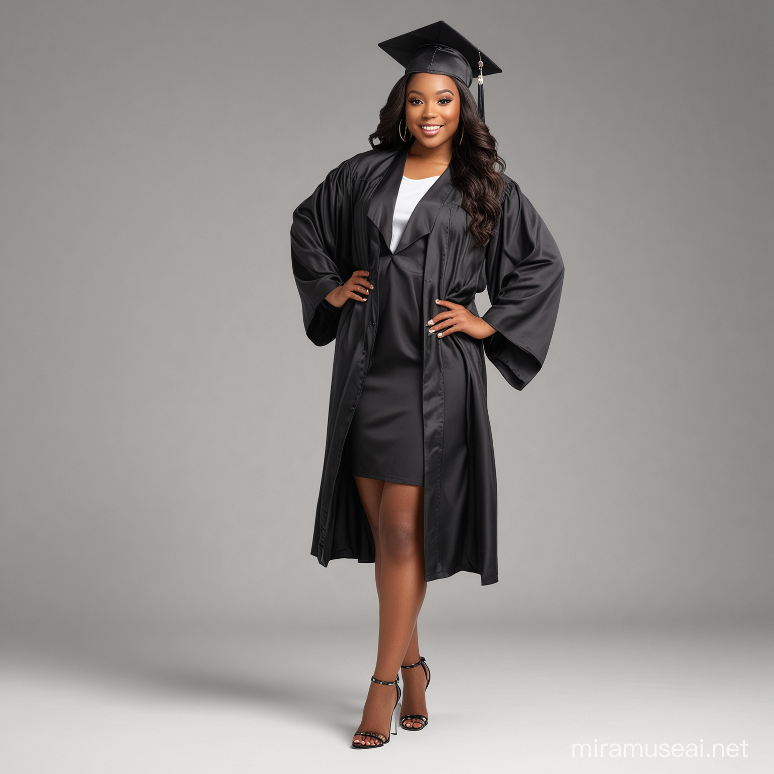 Professional mockup photo of a beautiful black female 20 wearing a black graduation cap and gown with long black body wave hair with glam make up, holding her hip with nice long legs showing out the gown, hyper-realistic, facing camera, showing t-shirt, studio lighting, full body, 7mm lens, white background.