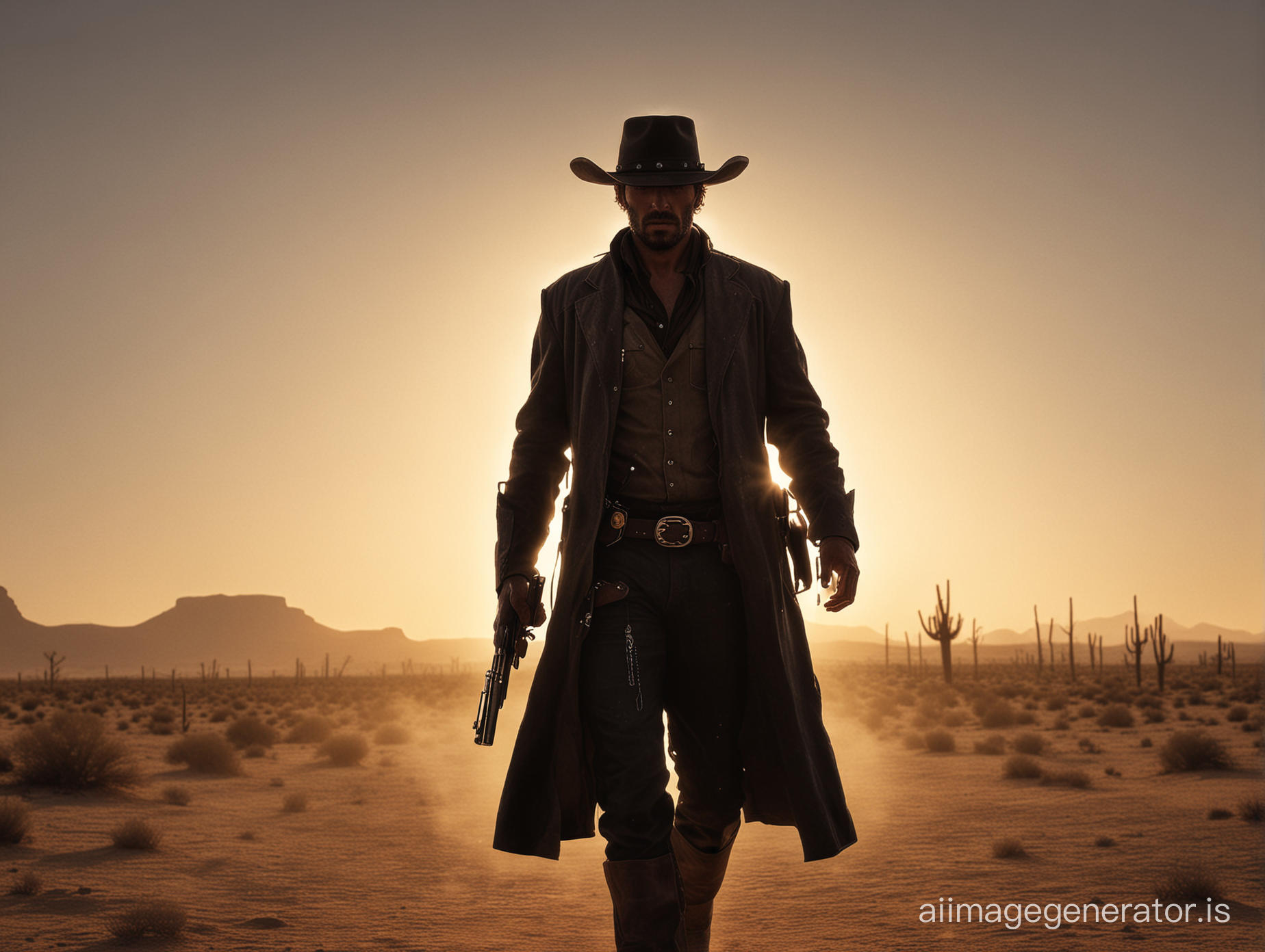A lone dark outlaw walking into the sunset with his revolver at his side and a dust cowboy hat on his head