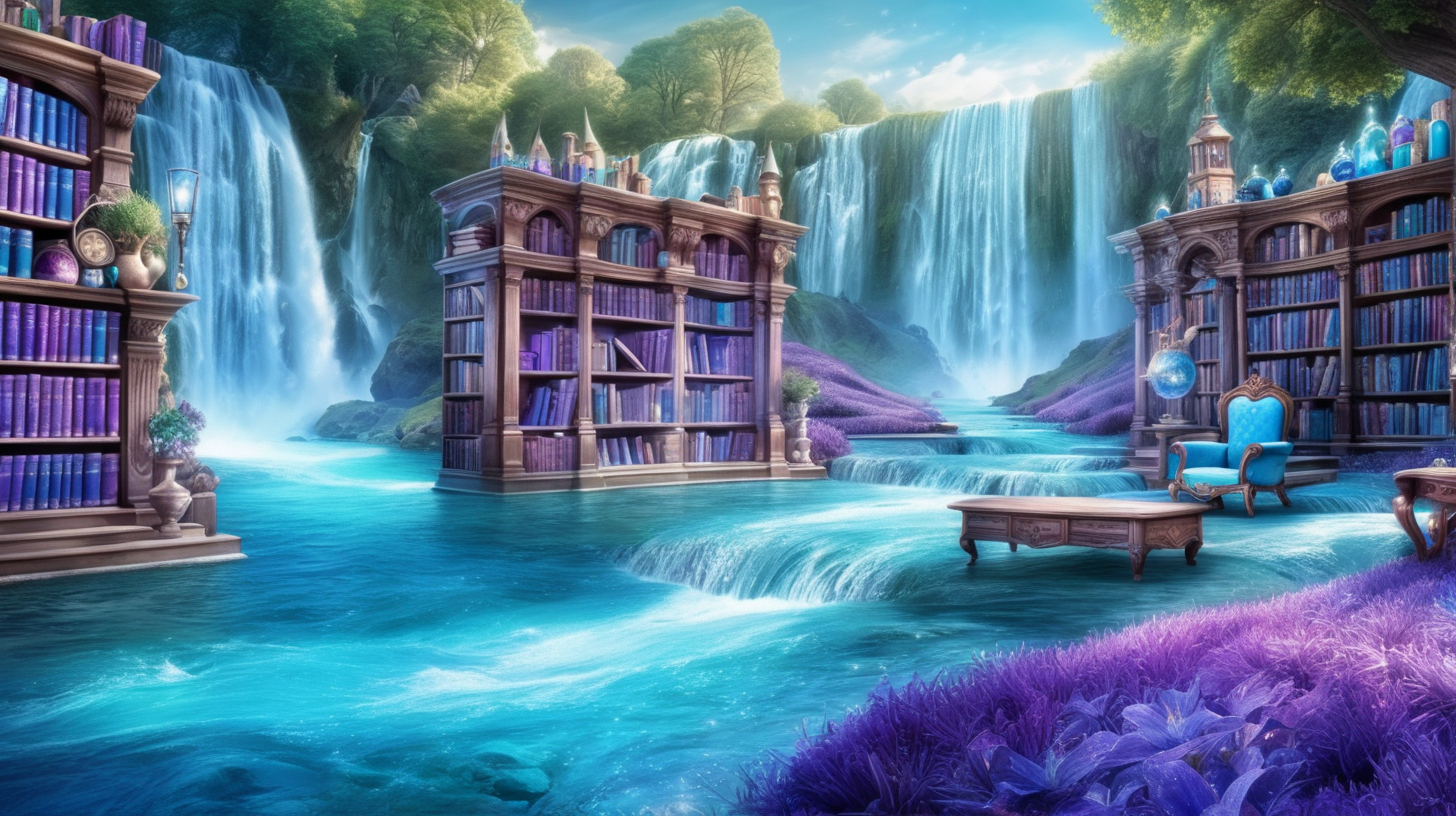 Bright-BLUE River with Magical Fairytale  bright blue and purple.  Potions and brown books and bookshelves. Giant-waterfall
