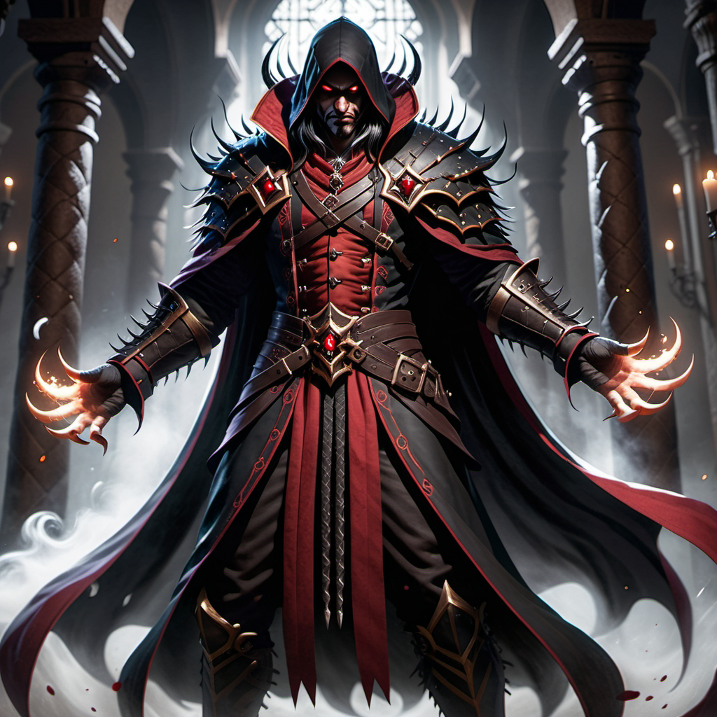 Baron Bloodfang exudes an aura of aristocratic malevolence, his presence commanding attention and instilling fear in those who dare to gaze upon him. He stands tall and regal, with a lean and muscular frame that belies his supernatural strength. His pale skin, tinged with a faint bluish hue, speaks to his undead nature, while his piercing crimson eyes gleam with an otherworldly hunger.

Draped in rich, flowing garments reminiscent of medieval nobility, Baron Bloodfang wears a cloak of deepest black velvet trimmed with blood-red accents, its folds swirling ominously around him as if animated by unseen forces. Beneath the cloak, he dons elaborate attire befitting a nobleman of centuries past, adorned with intricate patterns and decadent embellishments that speak to his opulent tastes.

Long, jet-black hair cascades down his back like a waterfall of darkness, framing his angular features with an air of timeless elegance. His hands, slender and graceful yet possessed of deadly strength, are adorned with talon-like nails that glint menacingly in the dim light.

Upon his brow rests a crown forged of blackened iron and adorned with cruel spikes, a symbol of his dominion over the night and all that dwells within its shadows. From his fanged maw, crimson droplets of blood occasionally trickle, evidence of his insatiable thirst for the life essence of mortals.