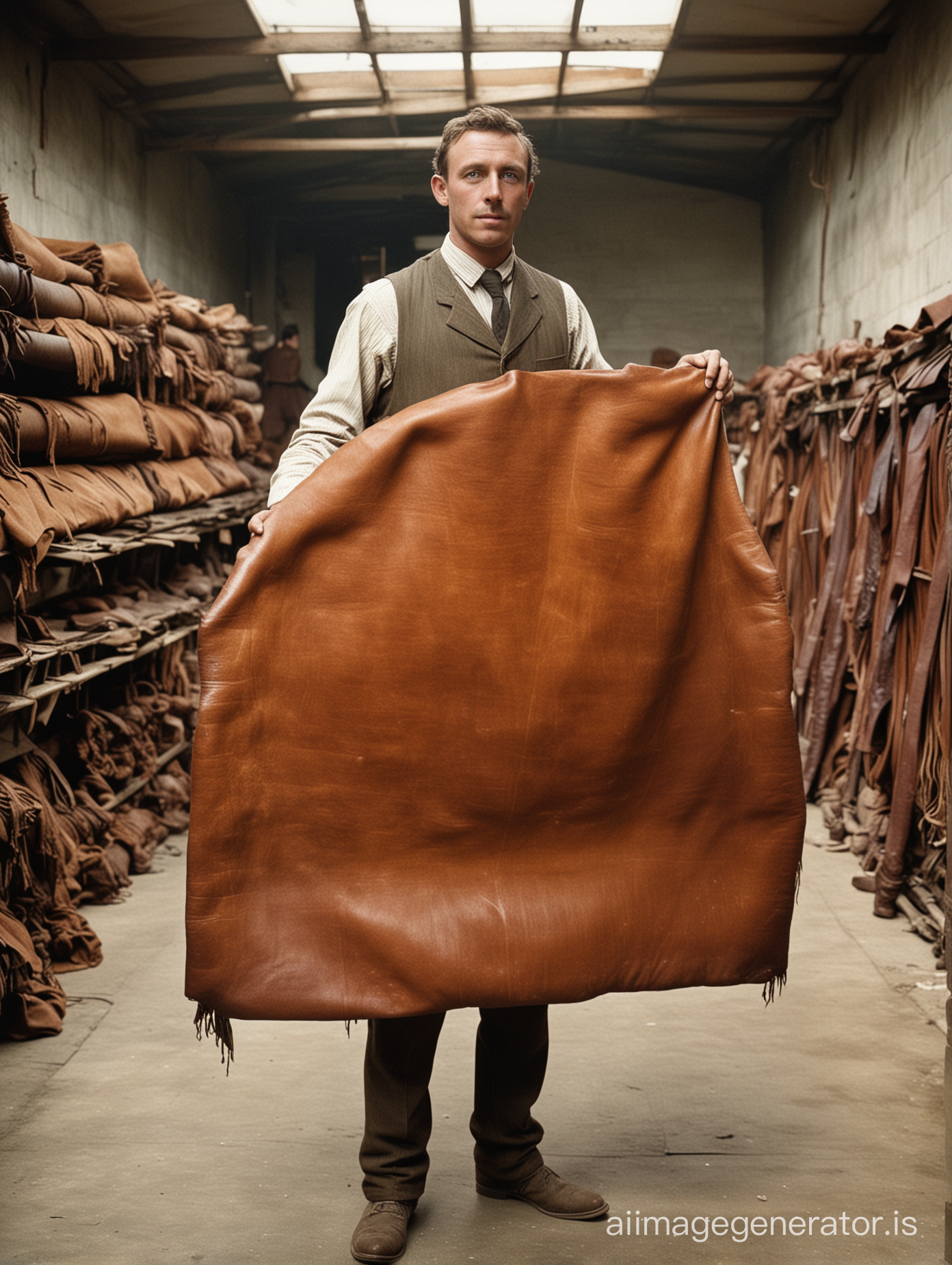 un tanneur tenant une grande et longue peau de cuir en regardant l'objectif du photographe en 1910, photo en couleurs prise dans une tannerie 