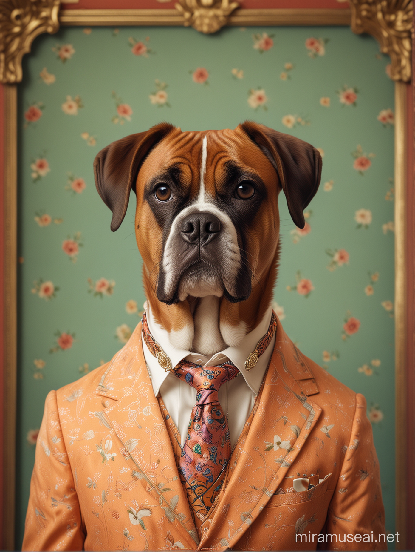 Boxerdog, realistic, f1.8 aperature photo, dressed formally, colorful ornate background, in the quirky graphic style of Wes Anderson, --no humans, text, blur --v 6