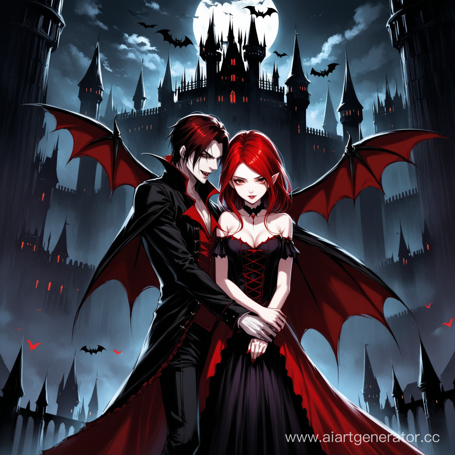 обложка для книги, фэнтези про вампиров, девушка с красными волосами стоит в темном замке, рядом вампир мужчина с черными короткими волосами