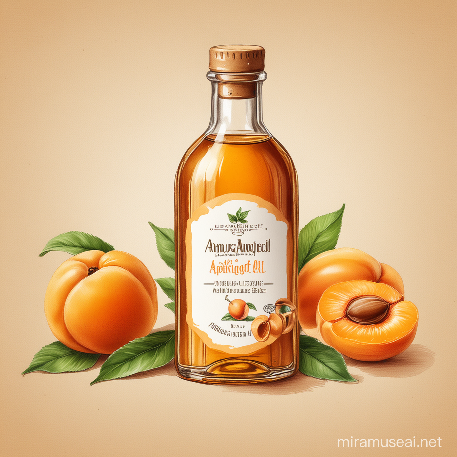 Draw an illustration label sketch for the natural apricot oil, bottle product label.