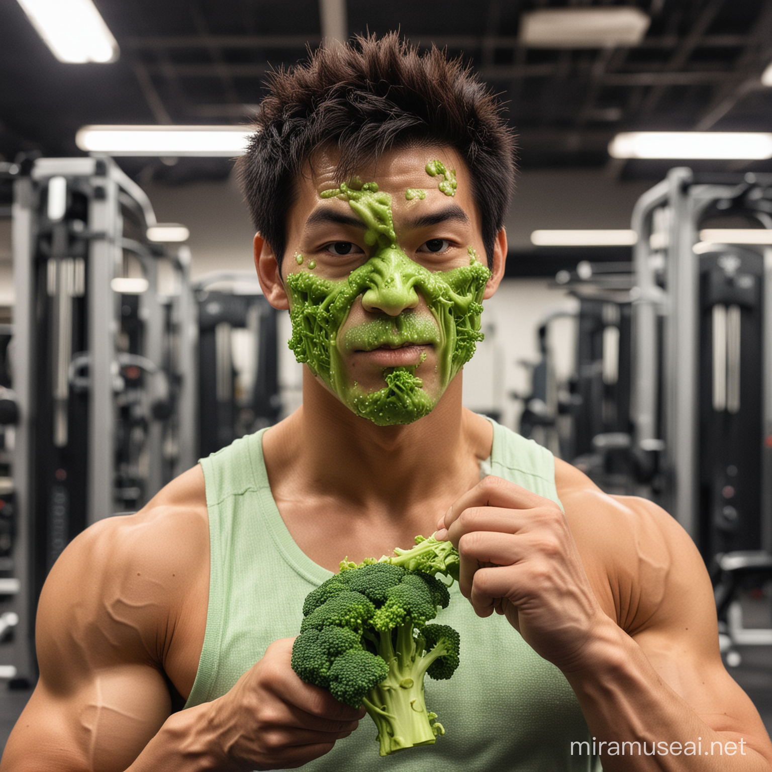 a super strong asian guy eating a phosphorescent broccoli in a gym