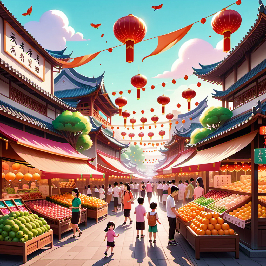 Eine lebendige Darstellung eines chinesischen Marktplatzes, gefüllt mit geschäftigen Händlern, exotischen Früchten und lächelnden Kindern, die Tiere betrachten
illustration, kawaii style
