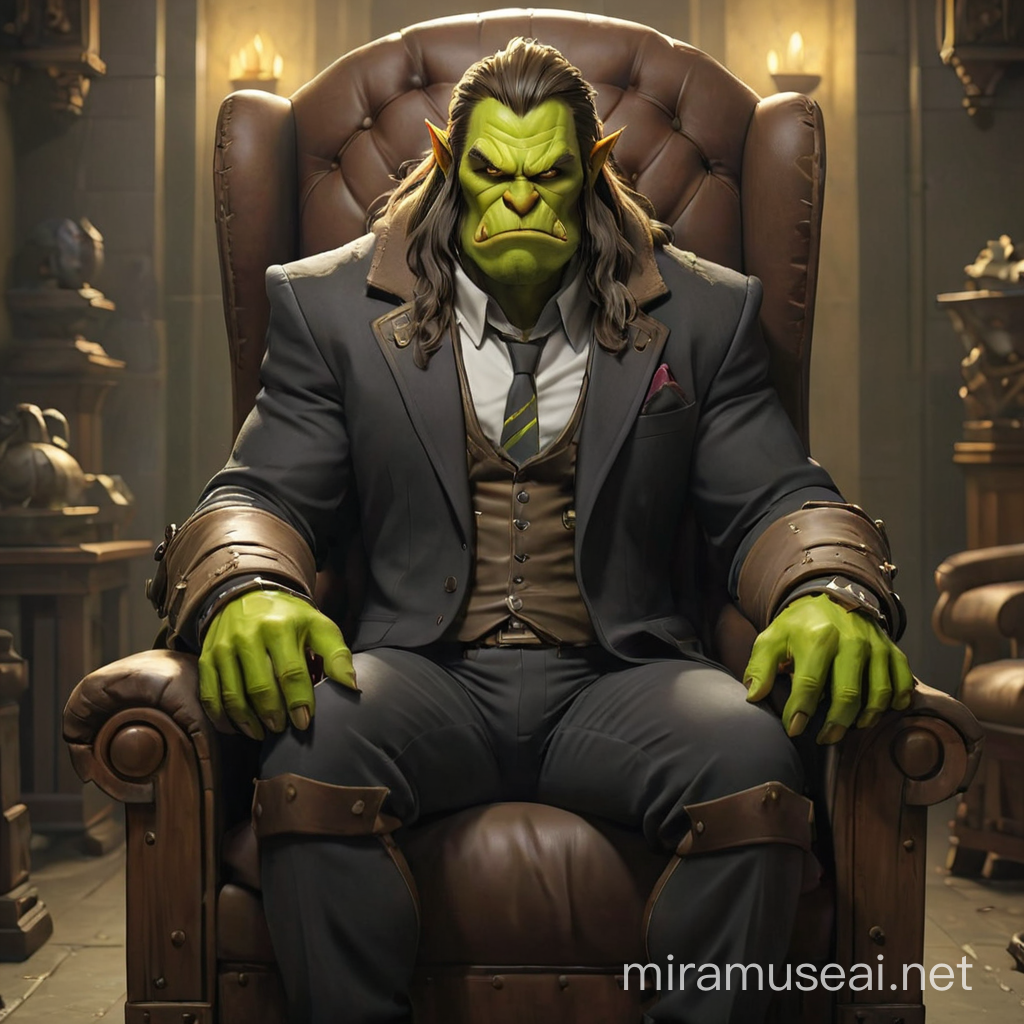 thrall from world of warcraft, in a suit, in a chair, in a padded room from an insane asylum