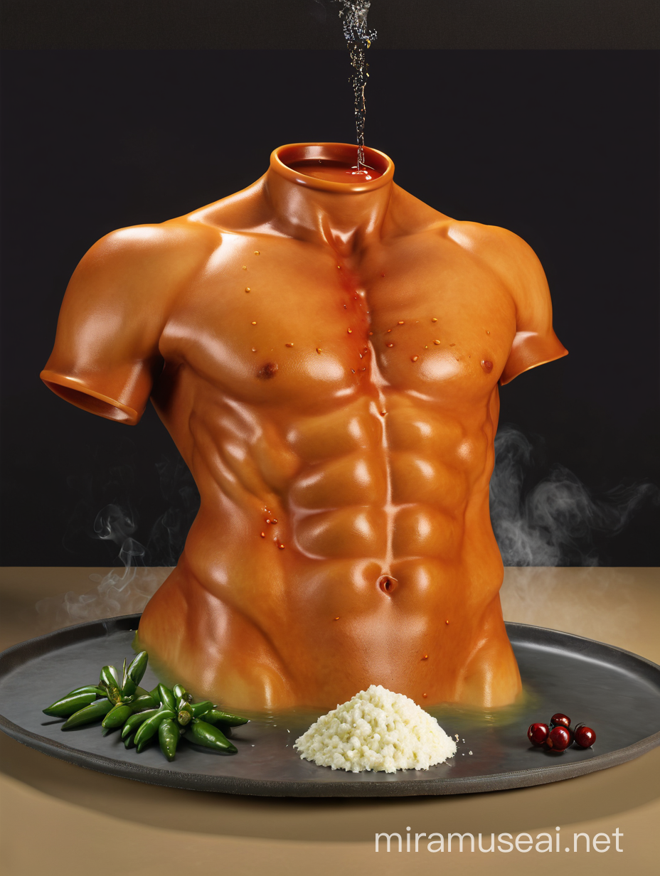 a photo-realistic spit-roasted male torso on a platter, but make the bellybutton an outie