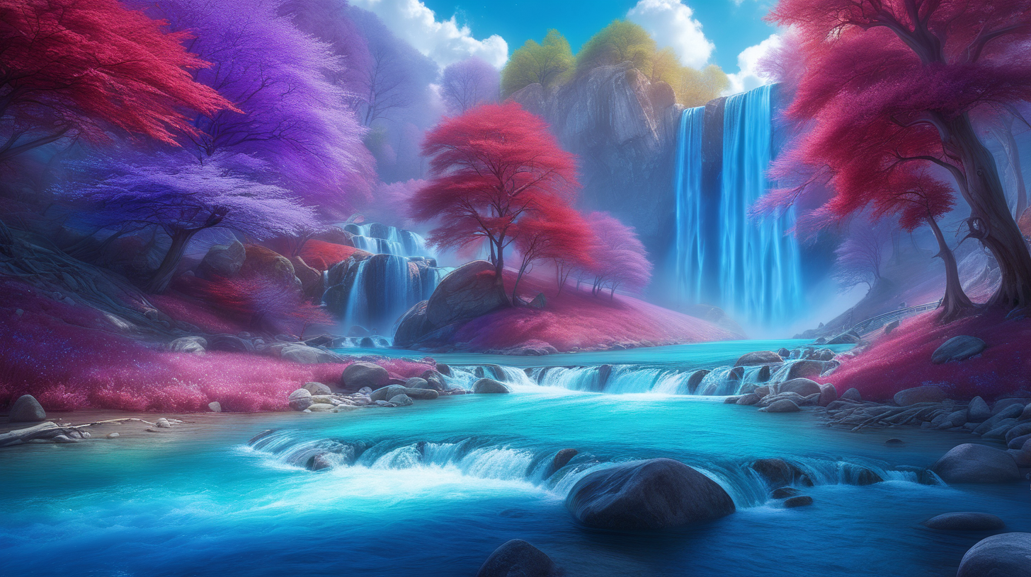 Bright-BLUE River with Magical Fairytale  bright blue and purple and green and red trees with Giant-waterfall