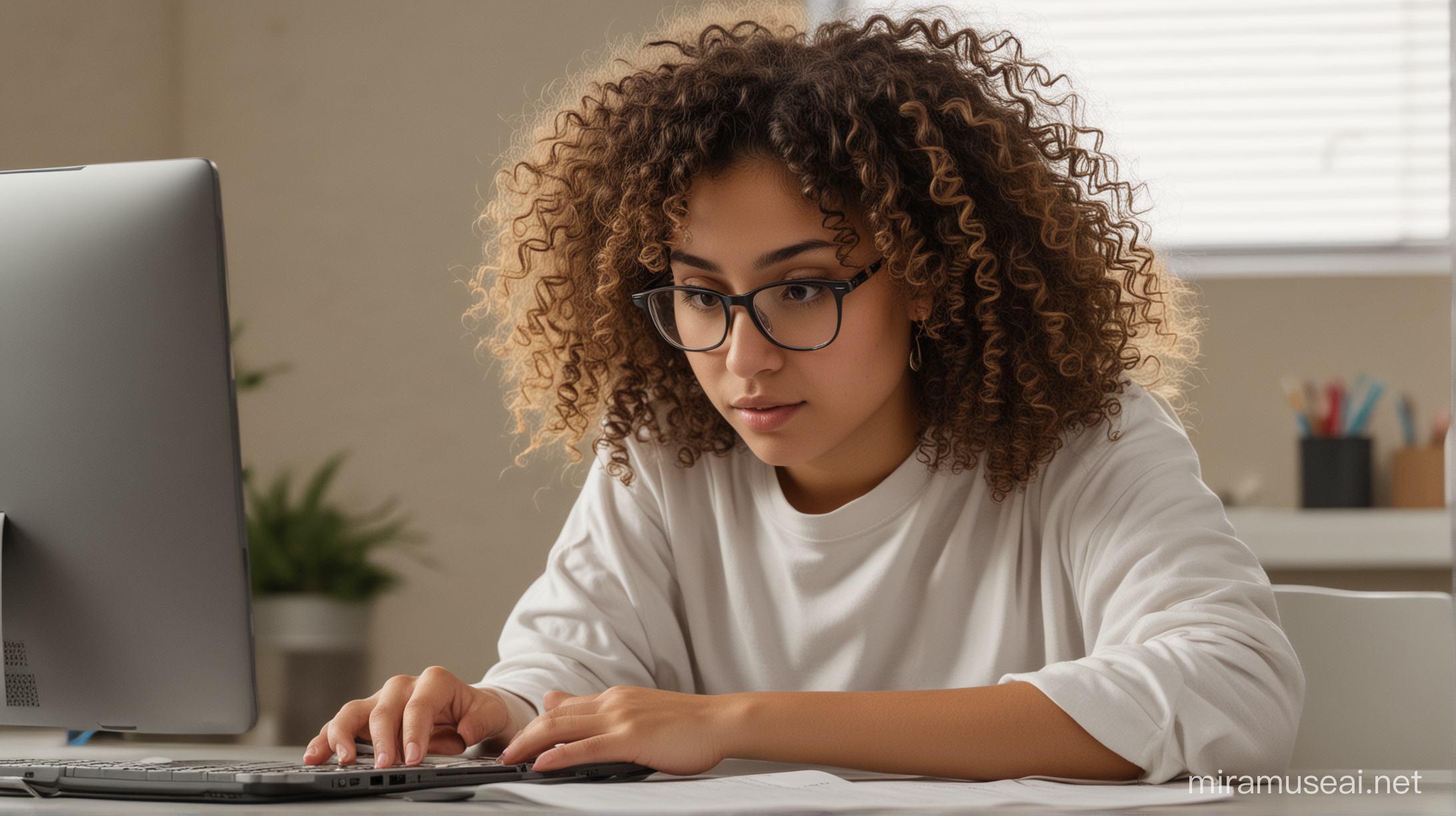 Garota latina com cabelos encaracolados estudando em um computador