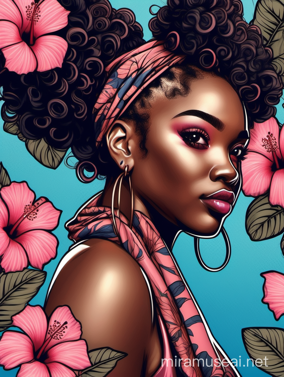 create an urban culture art image of a black curvy female looking to the side with a curly messy bun in a wrapped hair scarf. prominent make up with hazel eyes. 2k Highly detailed hair. Background of blue and pink  hibiscus flowers surrounding her heaviley 