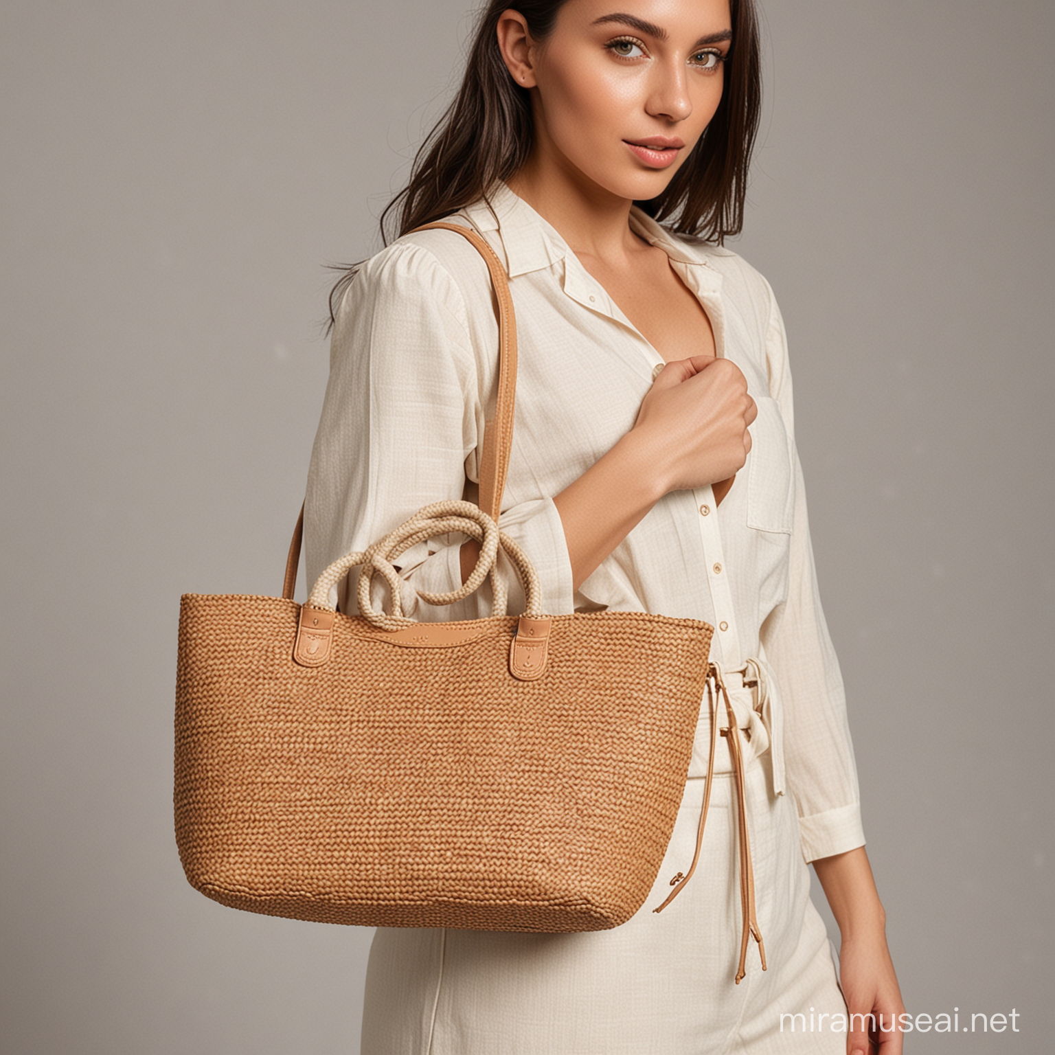 Rafia bags with vegan leather, a naked girl