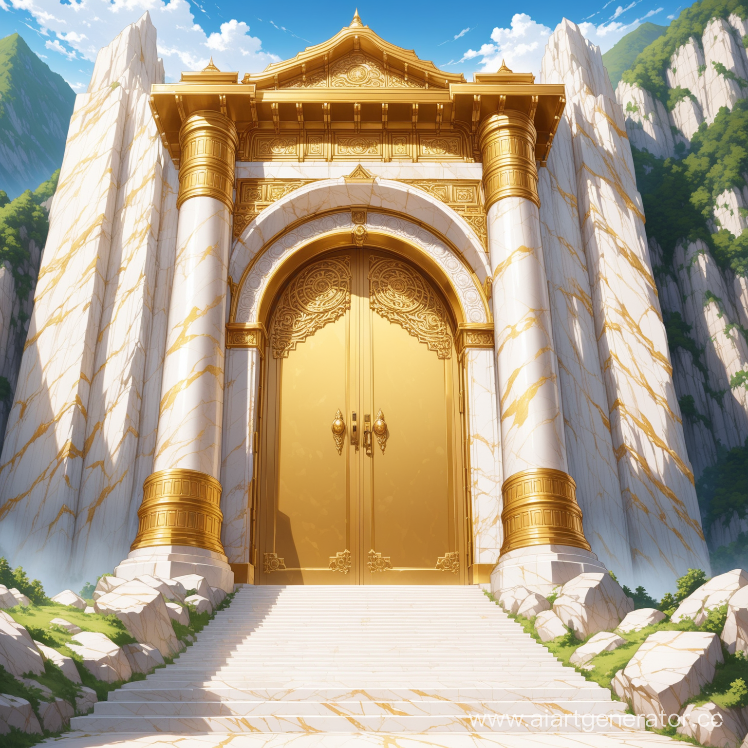 огромная мрамарно-золотая дверь в горе