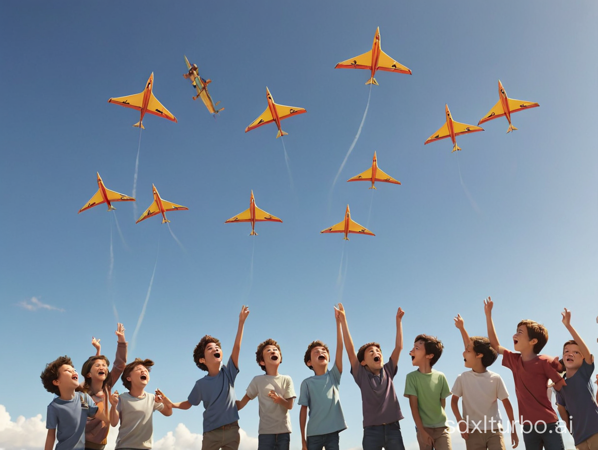 Generate an animated image of a group of excited kids launching chuck gliders into the air. 