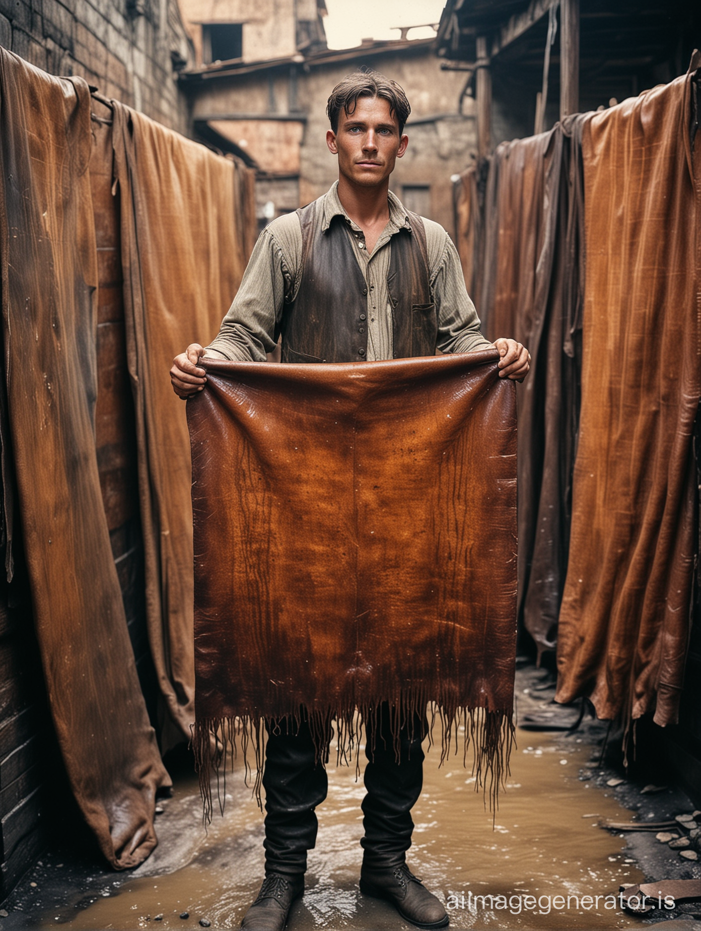 un humble et pauvre ouvrier tanneur tenant une grande et longue peau de cuir humide en regardant l'objectif du photographe en 1910, photo en couleurs prise dans une tannerie 