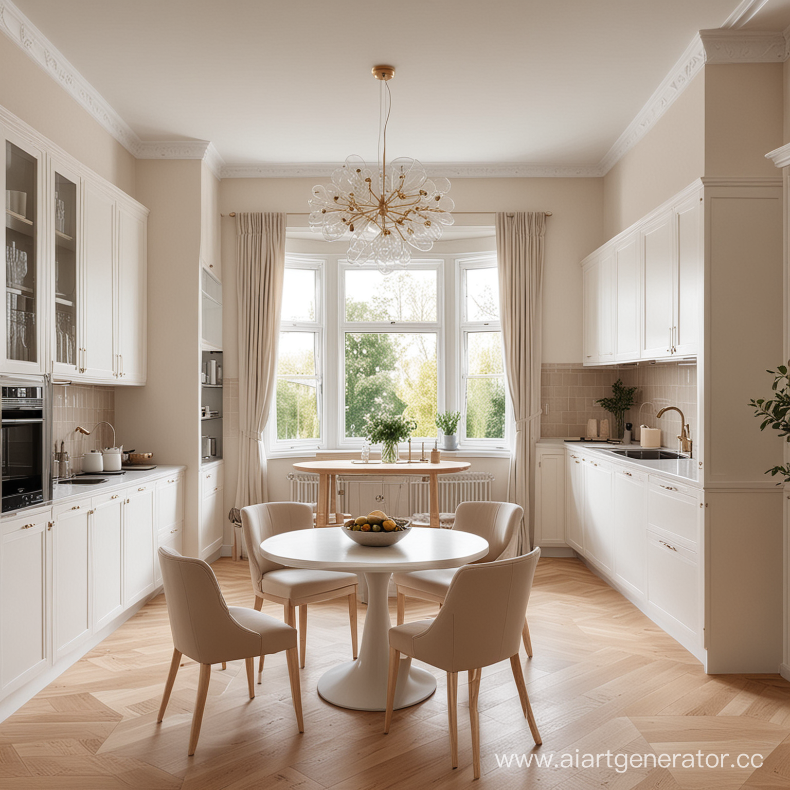 kitchen design in white and beige tones with a round kitchen table , high glass cabinets , wooden floor