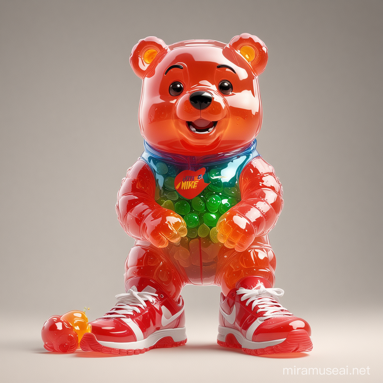 4k Funny transparent talking gummy bear meme wear nike sneakers with a neutral background