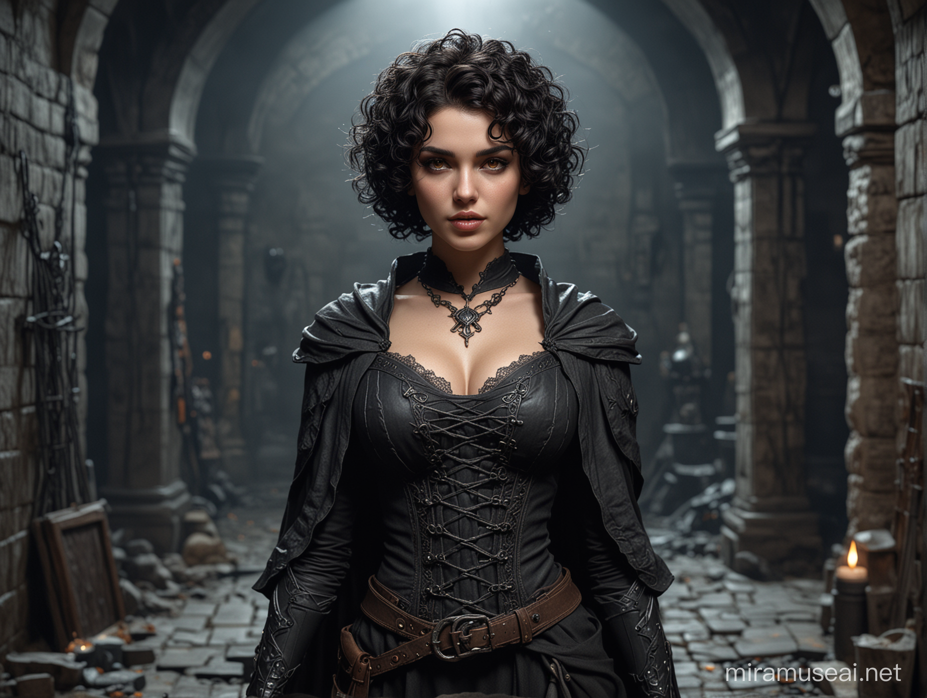 A photorealistic full-body picture of a beautiful female necromancer wizard with short black curly hair, brown eyes, big lips in a dungeon